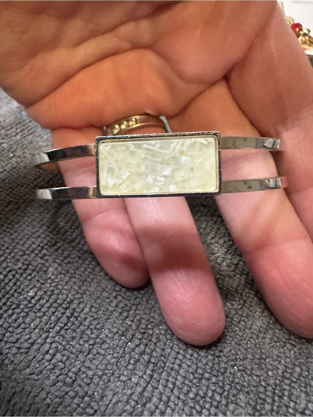 Mother of Pearl Rectangular Inlay Dual-Band Silver Bracelet — White